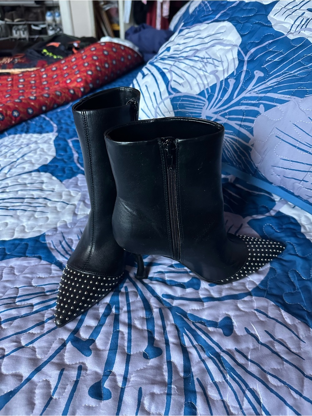 Pointed Studded Black Leather Ankle Boots